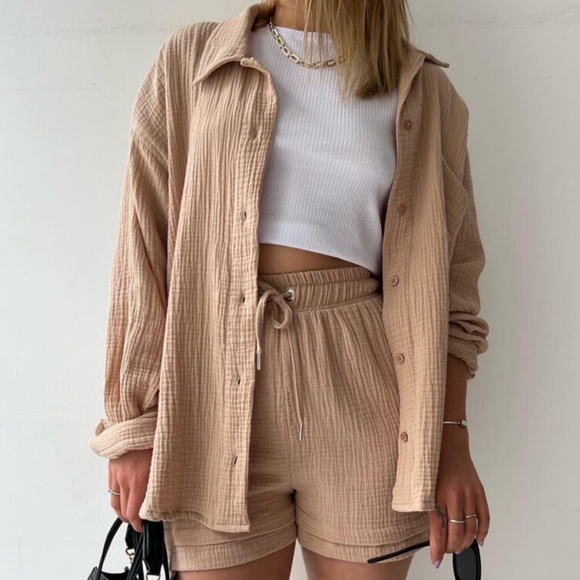 Joanna Button Up Shirt & Shorts Set - Tan - Picture 3 of 8